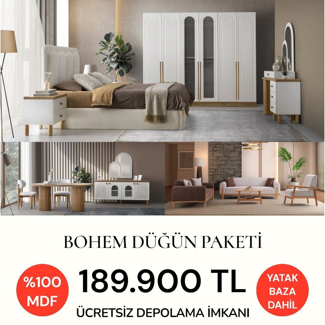 Bohem Düğün Paketi Baza + Yataş Puffy Yatak Dahil