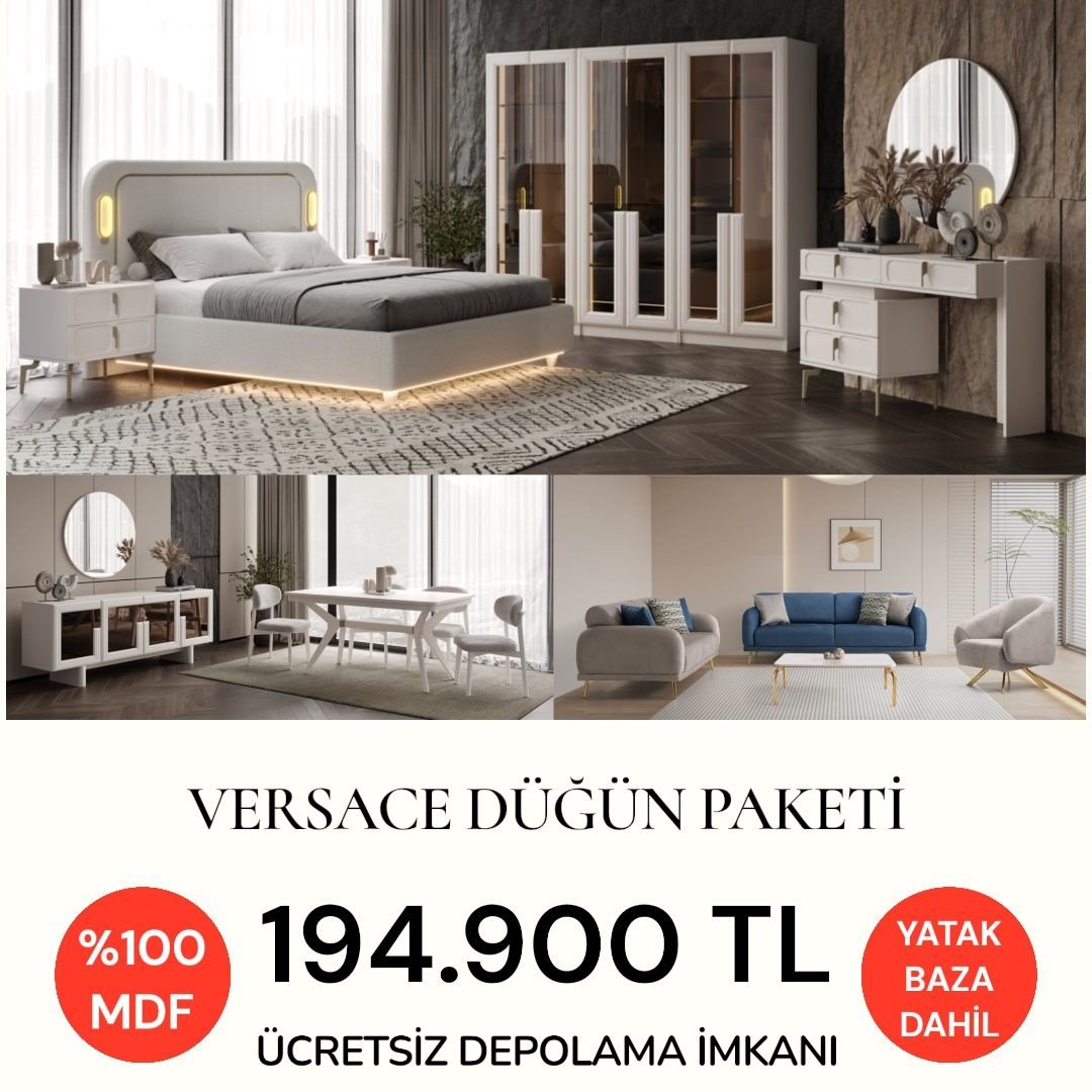 Versace Düğün Paketi Baza + Yataş Puffy Yatak Dahil